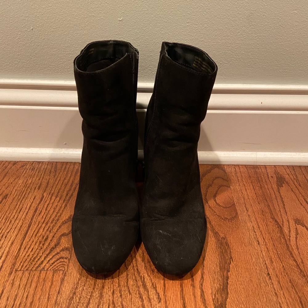 black floral heeled booties